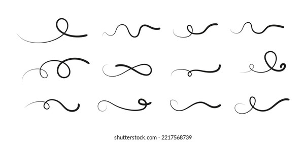 Curved swooshes, lettering or typography black elements. Decorative retro swoosh, calligraphy tails. Simple liner strokes vector set