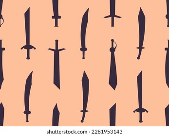 Curved swords seamless pattern. Swords silhouettes. Weapons of the Roman Empire, gladius. Design of swords for posters, banners and promotional items. Vector illustration