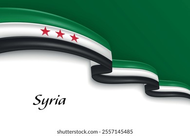 Curved Syrian flag ribbon featuring green, white, black stripes, and red stars