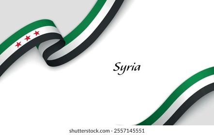 Curved Syrian flag ribbon featuring green, white, black stripes, and red stars