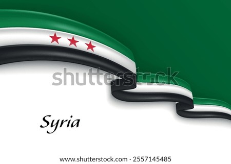 Curved Syrian flag ribbon featuring green, white, black stripes, and red stars