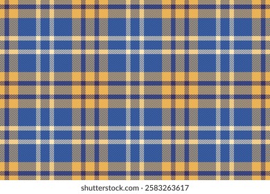 Curved tartan textile background, rustic vector texture fabric. Group seamless check pattern plaid in blue and amber colors.