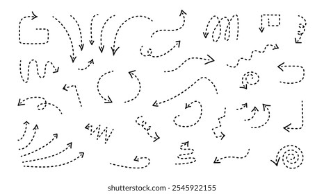 Von Hand gezeichnete, gekrümmte, dünne Pfeile, die in verschiedene Richtungen zeigen. Doodle-Zeiger mit editierbarem Strich. Schwarze Linien gepunktet