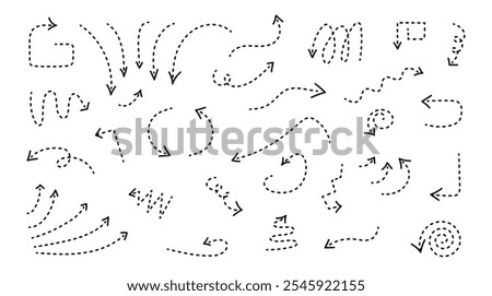 Curved thin arrows drawn by hand pointing in different directions. Doodle pointers with editable stroke. Black lines dotted
