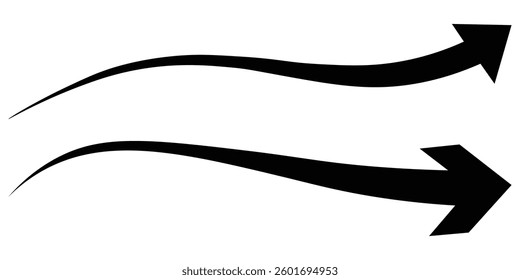 Curved thin long double arrow. Dual sided curved arrow shape. Collection of horizontal long arrows. Black arrow sign. Vector illustration.