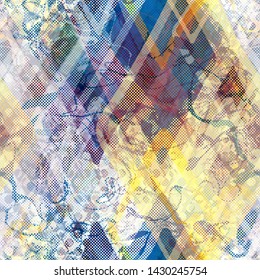 Curved threads and hand drawn rhombus. Marble effect. Seamless texture. Abstract vector background for web page, banners backdrop, fabric, home decor, wrapping