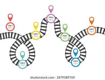 Curved Train Track With Marks Of Numbered Steps, Flat Vector Illustration Isolated On White Background. Infographic Or Game Board With Road And Steps.