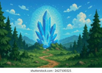 Curved trees forming a glowing arch in a magical forest, fantasy pixel environment ideal for 2D fairytale games.