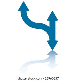 Curved Triple Arrowhead Arrow With Reflection on Bottom Plane Pointing in Opposite Directions