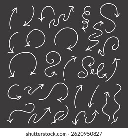 Curved and turned arrow doodles in white on black background drawn in sketch style