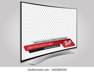 Curved TV screen lcd, plasma with news bars for Video headline title or lower third. Isolated on transparent background. Mock Up Template.