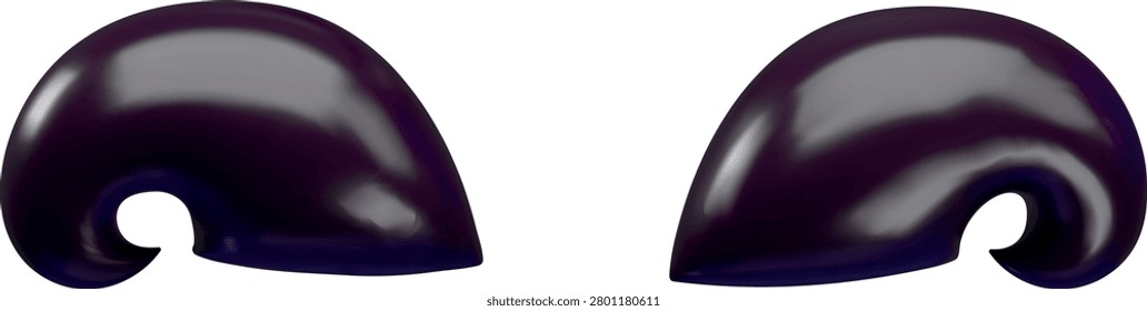 Curved, twisted, black 3D horns of a demon, monster, or animal. Devil's Halloween costume accessory. Game accessory. Religious, Gothic. Vector. Icon. Cartoon plastic style. Render.
