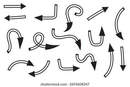 Iconos curvos y retorcidos del vector de la flecha negra en fondo blanco.