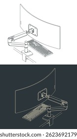 Curved ultrawide monitor on arm stand with a mechanical keyboard close-up. Ergonomic workplace