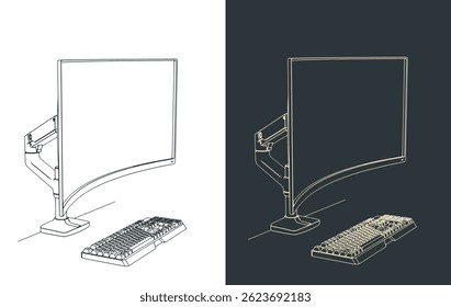 Curved ultrawide monitor on arm stand with a mechanical keyboard close-up. Ergonomic workplace