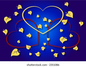 Curved valentine love hearts with fluttering leaves
