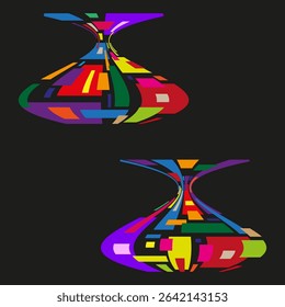 Curved vase shape. Multicolor abstract vector. Bright form on black. Twisted container icon.