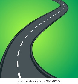 Curved vector asphalt road on green gradient grass background