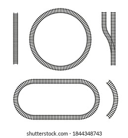 Curved vector railroad isolated. Straight, circle, oval, arc, fork, railway arrow, design elements of the railway tracks. Vector illustration.