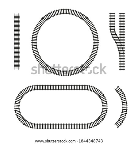 Curved vector railroad isolated. Straight, circle, oval, arc, fork, railway arrow, design elements of the railway tracks. Vector illustration.