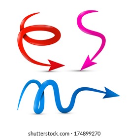 Curved Vector Red, Pink and Blue 3d Arrows Isolated on White Background