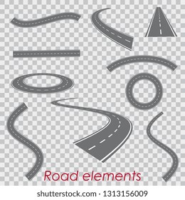 Curved vector roads silhouettes on transparent background