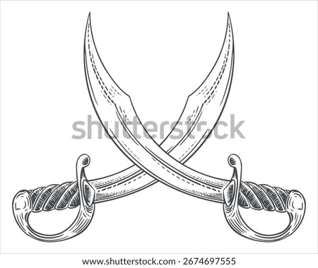 Curved vector silhouette of arabian sword. Cold weapon. two crossed pirate sabers. Corsair broadsword with wide blade in engraving technique. Imitation of engraving on white background.
