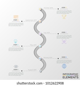 Curved Vertical Timeline With 6 Round Elements, Month And Year Indication, Thin Line Icons And Text Boxes. Modern Infographic Design Template. Creative Vector Illustration For Presentation, Brochure.