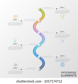 Curved Vertical Timeline With 6 Round Elements, Month And Year Indication, Thin Line Icons And Text Boxes. Modern Infographic Design Template. Creative Vector Illustration For Presentation, Brochure.