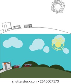 A curved view of the bus running with the sun Vector