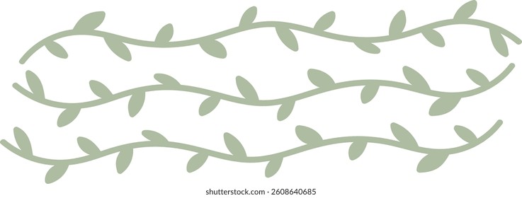 Curved vines with leaves create a flowing pattern in a minimalist style. Wavy branches adorned with foliage form an elegant and simple design. Cartoon vector illustration