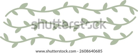Curved vines with leaves create a flowing pattern in a minimalist style. Wavy branches adorned with foliage form an elegant and simple design. Cartoon vector illustration