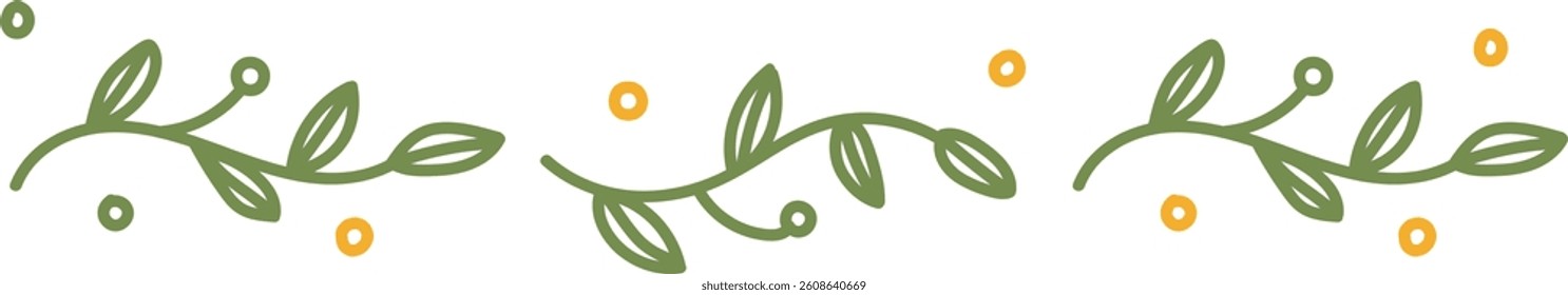 Curved vines with leaves and small circles create a seamless border in a simple style. Leafy tendrils and dots form a continuous decorative edge. Cartoon vector illustration.