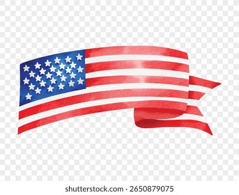 Curved waving USA flag in watercolor style, symbol of American patriotism, 4th of July celebration vector.