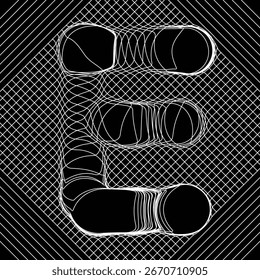 Curved and wavy abstract lines forming an E shape over a repeating diamond grid patter