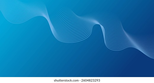 Curved wavy line technology blue background. Simple business blue background with flowing smooth wave line. Gradient lines tech data digital design for presentation, website, banner, ads, posters. 