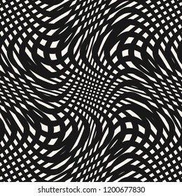 Curved wavy lines seamless pattern. Vector black and white texture with mesh, net, waves. Dynamical 3D effect, illusion of movement. Modern abstract repeat monochrome background. Optical art design