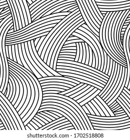 Curved wavy lines seamless pattern, Black and white vector texture.