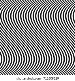 Curved wavy lines seamless pattern. Vector texture with black and white waves, thin stripes. Dynamical 3D effect, illusion of movement. Modern abstract ripple background. Repeat design, pop art style