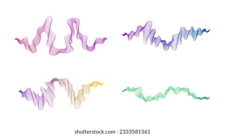 Curved wavy stripes. Set of four abstract colored gradient wave lines on white background. Vector illustration