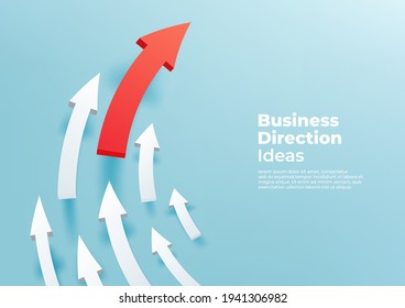 Curved white 3d arrows directed upwards, progress way and forward achievement creative concept. Red arrow up to growth success.