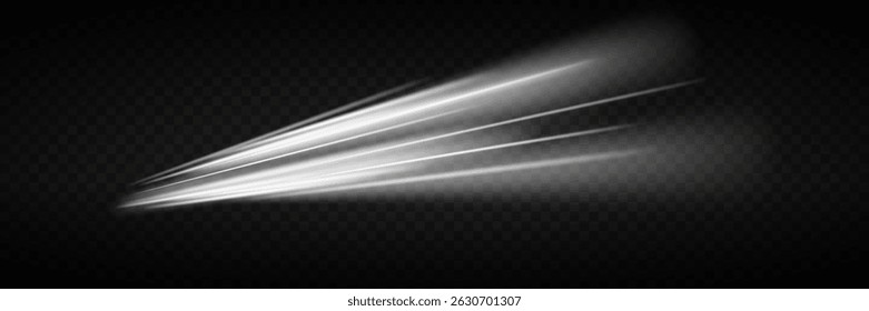 Curved white light stripes with motion blur. On transparent background.