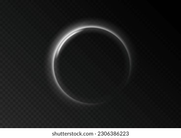 Curved white line light effect.Light circle white swirl. Darkening of the moon. Flare vector semicircle and spark light effect. Glowing white speed circle portal on the road. Podium, radial platform.