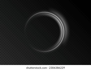 Curved white line light effect.Light circle white swirl. Darkening of the moon. Flare vector semicircle and spark light effect. Glowing white speed circle portal on the road. Podium, radial platform.