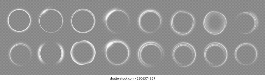 Efecto de luz de línea blanca curvada.Giro blanco de círculo luminoso. Oscurecimiento de la luna. Semicírculo vectorial de destello y efecto luminoso de chispa. Portal de círculo de velocidad blanca brillante en la carretera. Podio, plataforma radial.