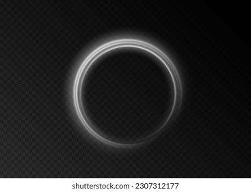 Efecto de luz de línea blanca curvada.Giro blanco de círculo luminoso. Oscurecimiento de la luna. Semicírculo vectorial de destello y efecto luminoso de chispa. Portal de círculo de velocidad blanca brillante en la carretera. Podio, plataforma radial.