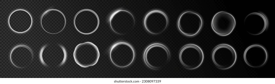 Curved white line light effect.Light circle white swirl. Darkening of the moon. Flare vector semicircle and spark light effect. Glowing white speed circle portal on the road. Podium, radial platform.