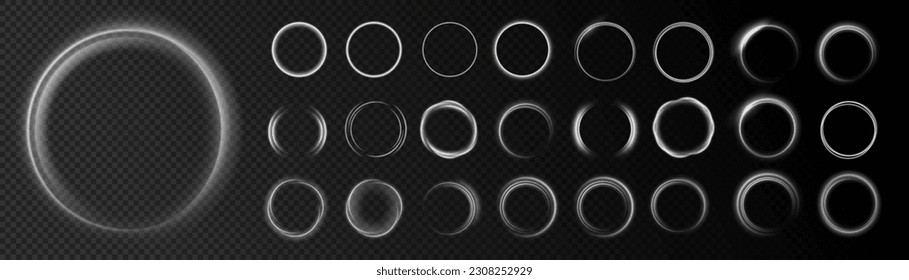 Curved white line light effect.Light circle white swirl. Darkening of the moon. Flare vector semicircle and spark light effect. Glowing white speed circle portal on the road. Podium, radial platform.