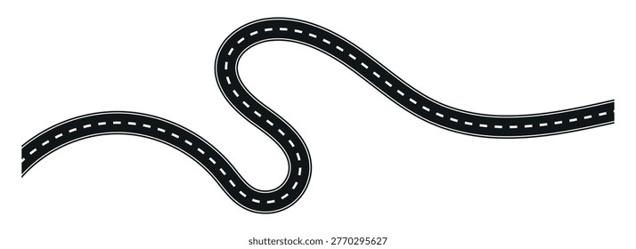 Curved winding road with dashed white lines symbolising a long journey or travel path graphic design element