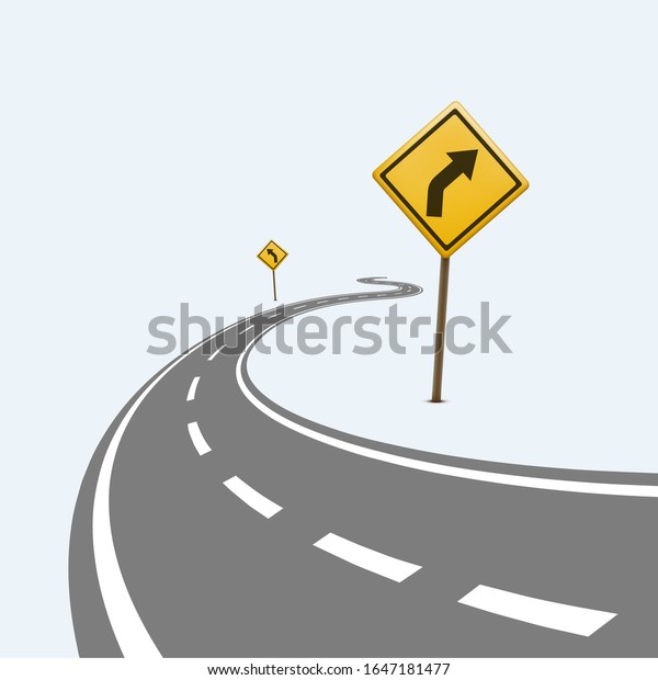 道路標識と曲がった曲がりくねった道 白い背景に ベクターイラスト のベクター画像素材 ロイヤリティフリー
